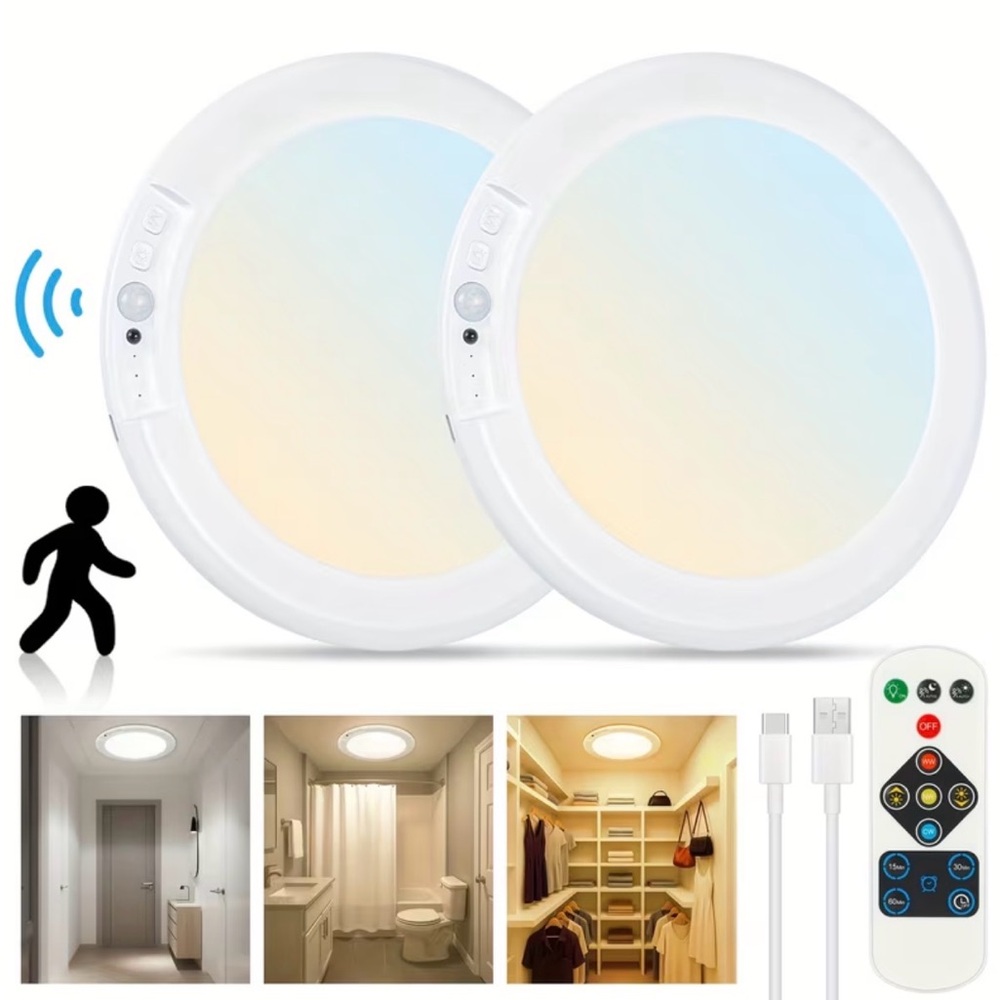 2 Pack Rechargeable LED Ceiling Light With Motion Sensor, 3 Lighting Options
